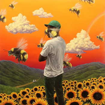 Tyler, The Creator — Flower Boy album cover, painting of Tyler surrounded by sunflowers and bees